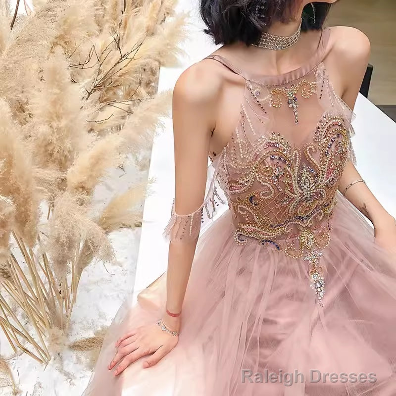 Simple A Line Pink Tulle Prom Dresses Evening Dress