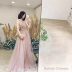 Simple A Line Pink Tulle Prom Dresses Evening Dress