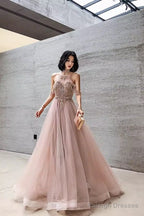 Simple A Line Pink Tulle Prom Dresses Evening Dress