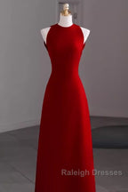 Simple A-Line Red Floor Length Open Back Prom Dresses