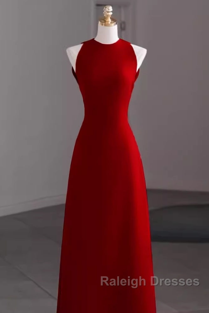 Simple A-Line Red Floor Length Open Back Prom Dresses