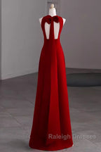 Simple A-Line Red Floor Length Open Back Prom Dresses