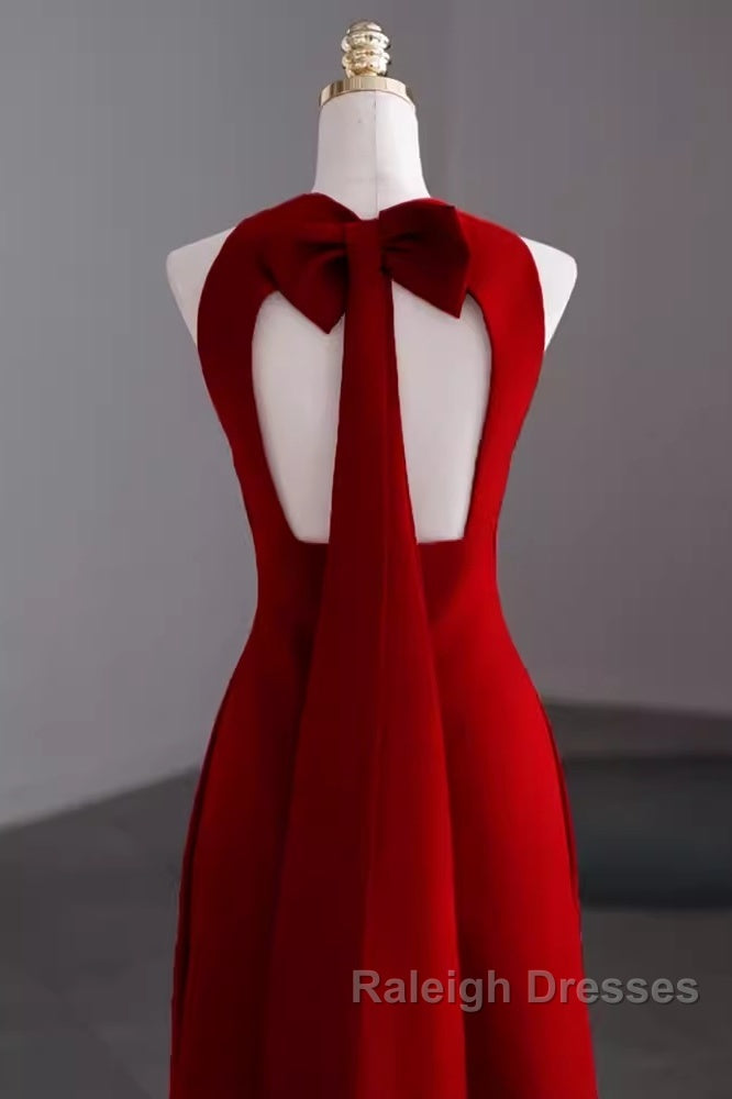 Simple A-Line Red Floor Length Open Back Prom Dresses