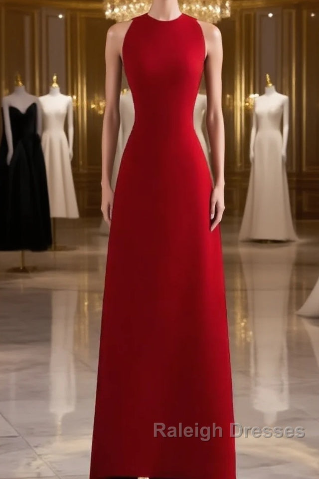 Simple A-Line Red Floor Length Open Back Prom Dresses