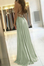 Simple A Line Sage Green Long Prom Dress With Slit Evening Party Dress