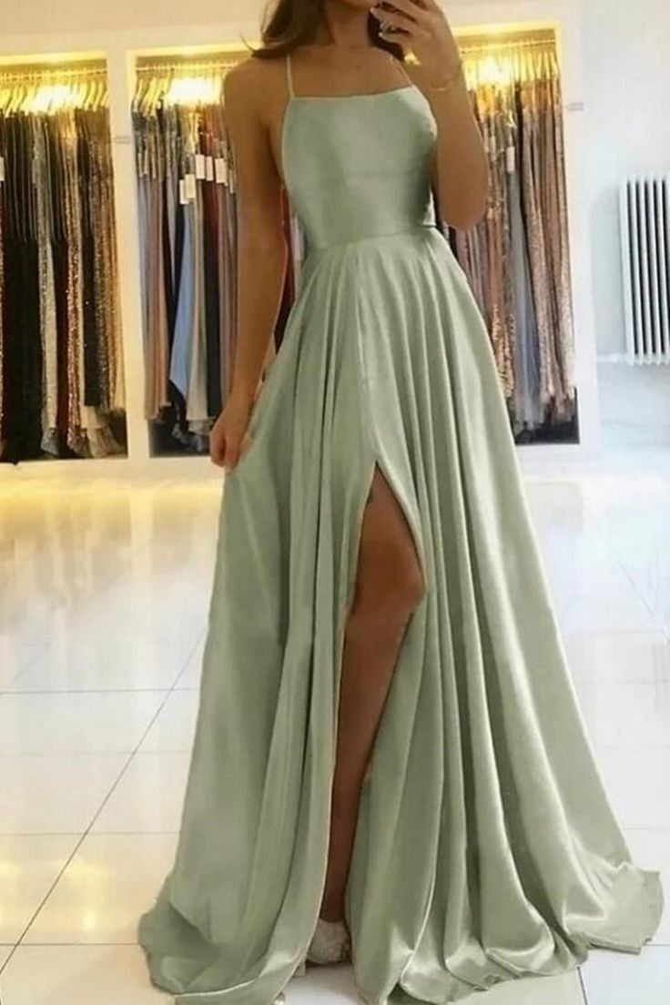 Simple A Line Sage Green Long Prom Dress With Slit Evening Party Dress Main image