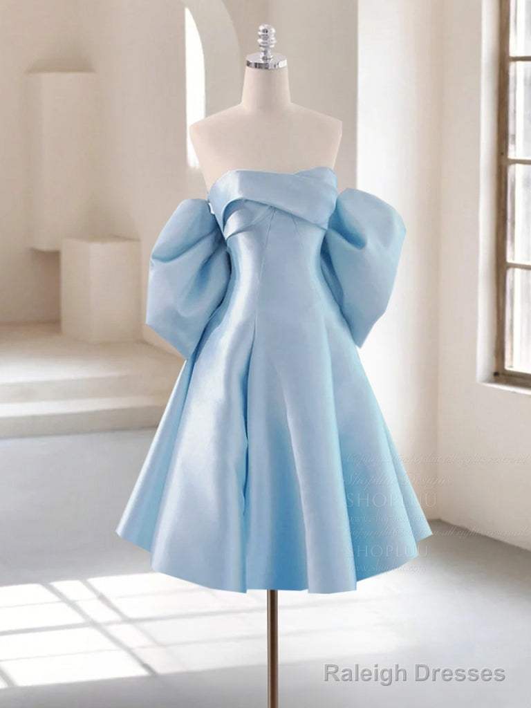 Simple A-Line Satin Blue Short Prom Dress, Blue Homecoming Dress Main image