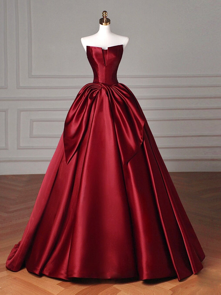 Simple A-Line Satin Burgundy Long Formal Prom Dress, Burgundy Long Prom Dress Main image