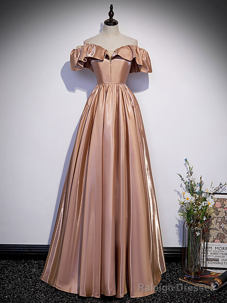 Simple A Line Satin Champagne Long Prom Dress, Champagne Evening Dress Main image