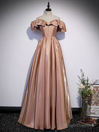 Simple A Line Satin Champagne Long Prom Dress, Champagne Evening Dress