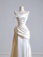 Simple A-Line Satin Sweep Train Light Champagne Formal Prom Dress