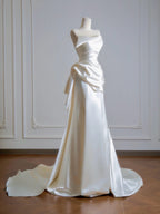 Simple A-Line Satin Sweep Train Light Champagne Formal Prom Dress