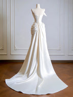 Simple A-Line Satin Sweep Train Light Champagne Formal Prom Dress