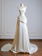 Simple A-Line Satin Sweep Train Light Champagne Formal Prom Dress