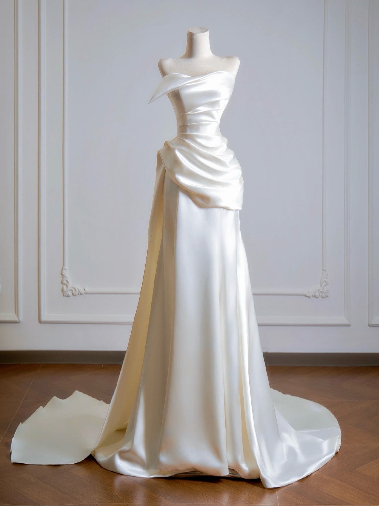 Simple A-Line Satin Sweep Train Light Champagne Formal Prom Dress