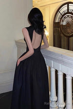Simple A Line Scoop Neckline Black Backless Prom Dresses Birthday Outfits Evening Gown