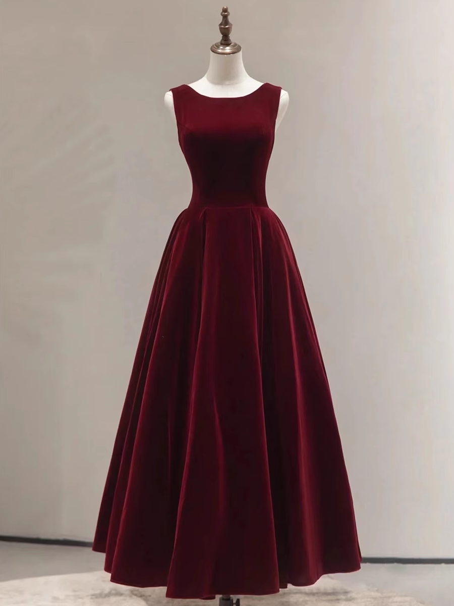 Simple A line Scoop Velvet Burgundy Velvet Long Prom Dresses