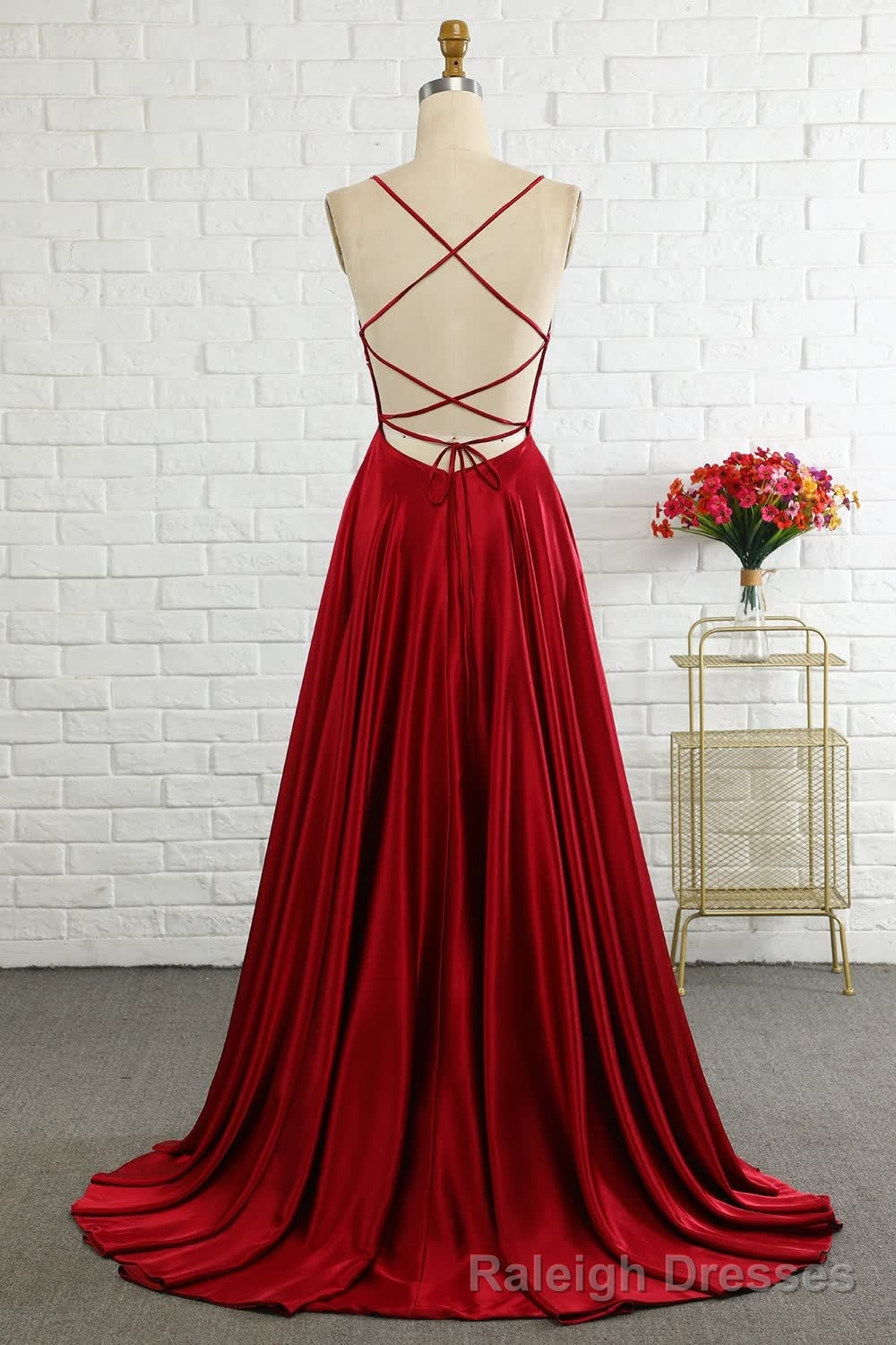 Simple A Line Spaghetti Straps Burgundy Long Prom Dress with Cirss Cross Back Secondary image