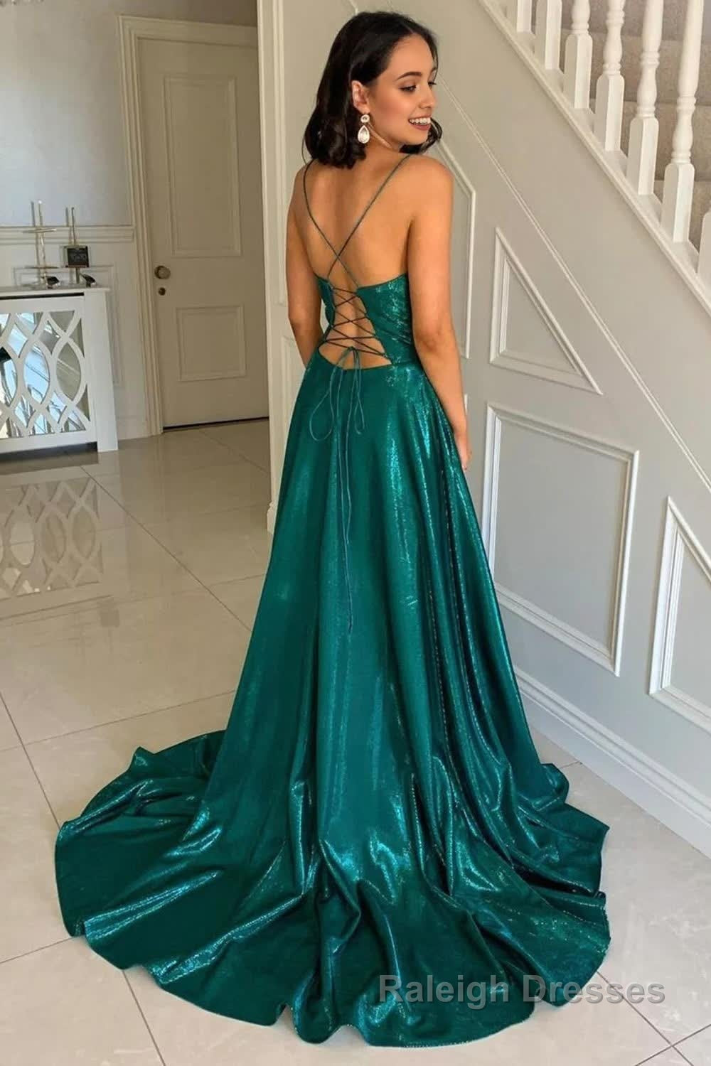 Simple A Line Spaghetti Straps Dark Green Long Prom Dress with Criss Cross Back Secondary image