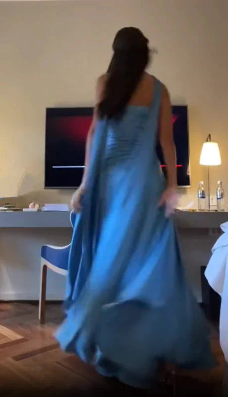 Simple A-Line Spaghetti Straps Blue Satin Prom Dress Birthday Outfits