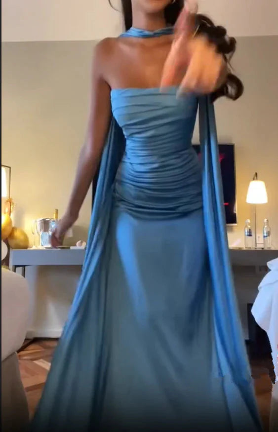 Simple A-Line Spaghetti Straps Blue Satin Prom Dress Birthday Outfits