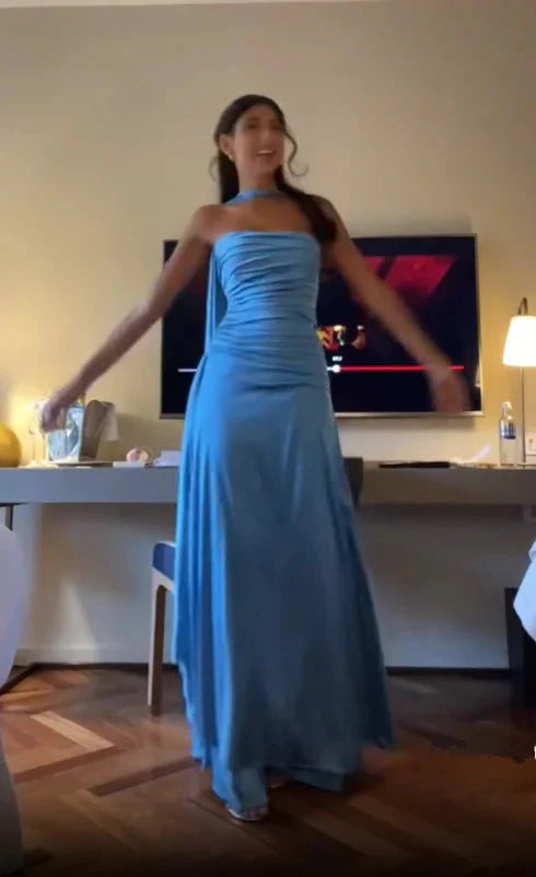Simple A-Line Spaghetti Straps Blue Satin Prom Dress Birthday Outfits