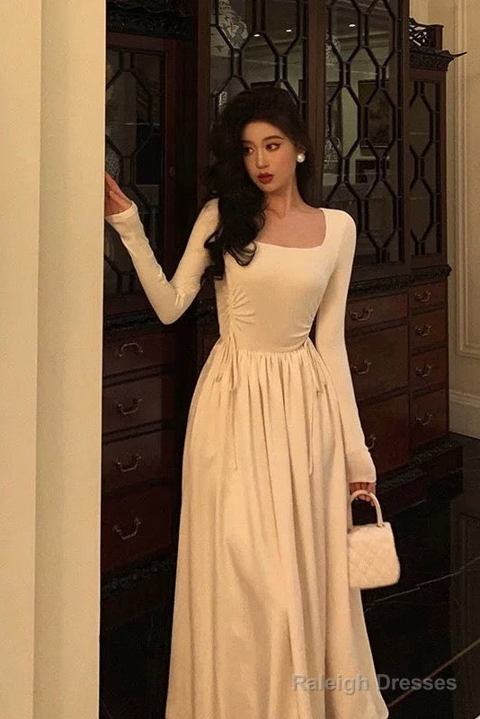 Simple A Line Square Neckline Long Sleeves Ankle Length Prom Dresses Birthday Outfits