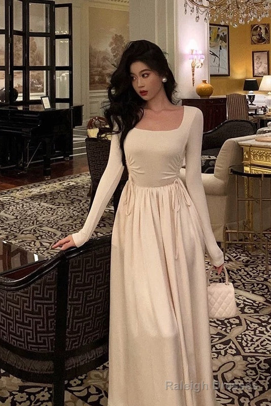 Simple A Line Square Neckline Long Sleeves Ankle Length Prom Dresses Birthday Outfits