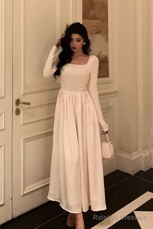 Simple A Line Square Neckline Long Sleeves Ankle Length Prom Dresses Birthday Outfits Main image