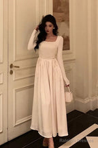 Simple A Line Square Neckline Long Sleeves Ankle Length Prom Dresses Birthday Outfits