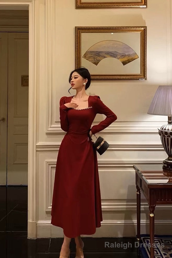 Simple A Line Square Neckline Long Sleeves Red Prom Dresses Birthday Dress Secondary image