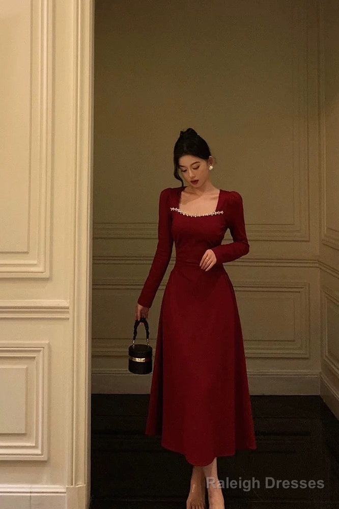 Simple A Line Square Neckline Long Sleeves Red Prom Dresses Birthday Dress