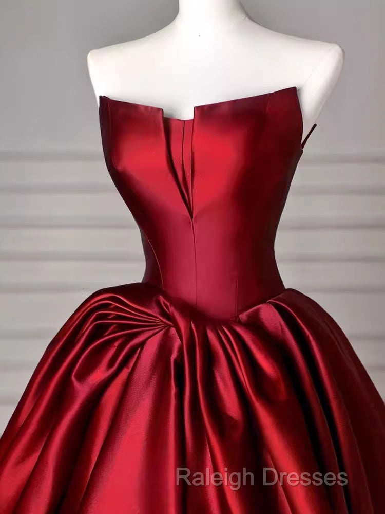 Simple A Line Strapless Burgundy Floor Length Prom Dress