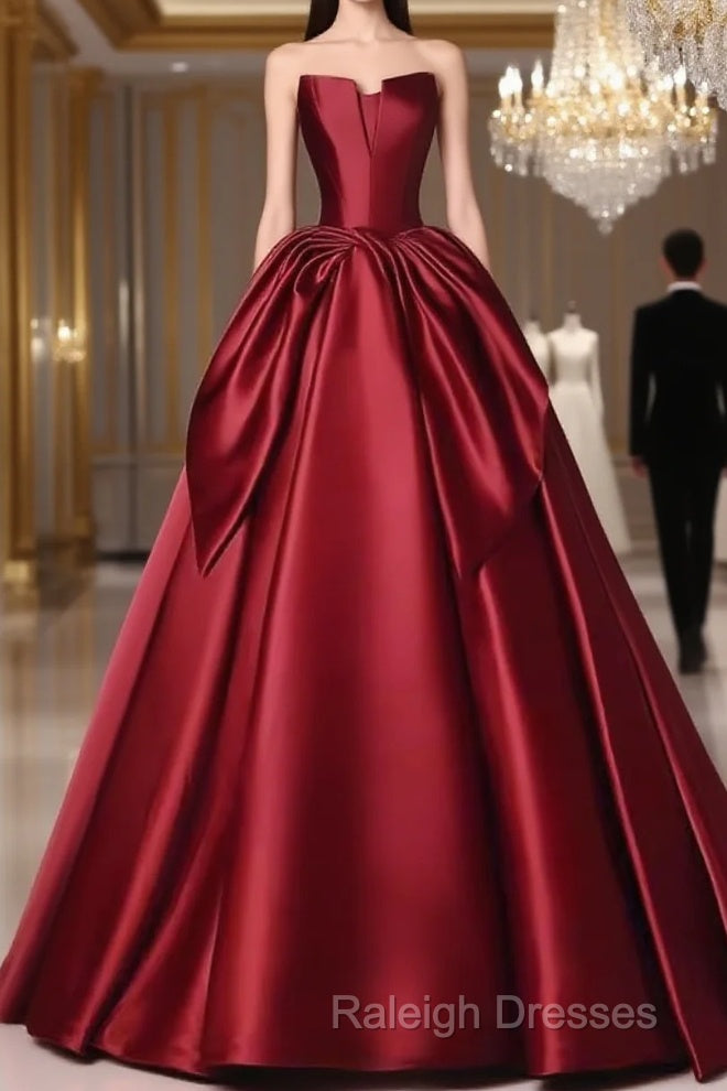 Simple A Line Strapless Burgundy Floor Length Prom Dress