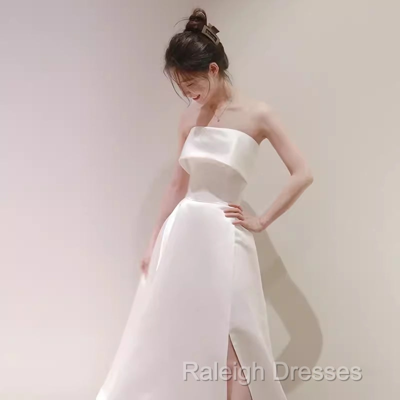 Simple A-Line Strapless Satin Ivory Wedding Dress