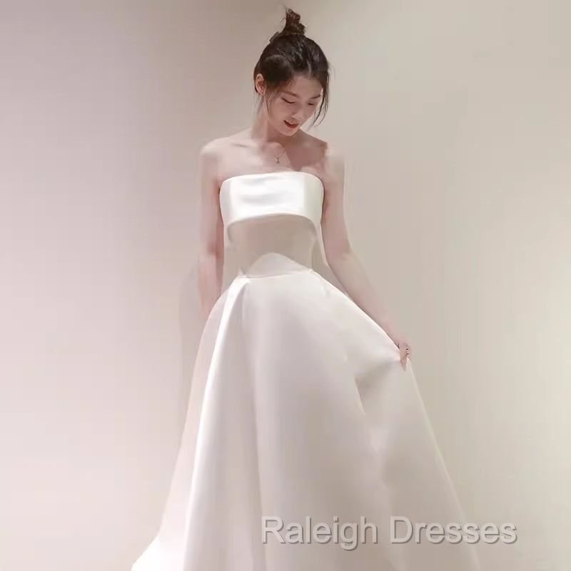 Simple A-Line Strapless Satin Ivory Wedding Dress