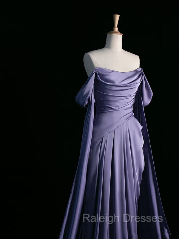 Simple A Line Strapless Sleeveless Satin Lilac Prom Dresses Long Prom Dress