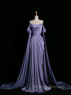 Simple A Line Strapless Sleeveless Satin Lilac Prom Dresses Long Prom Dress