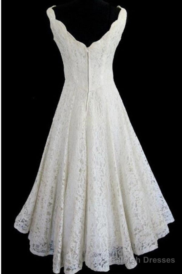Simple A-Line Straps Jewel Knee-Length Lace Beach Wedding Dress