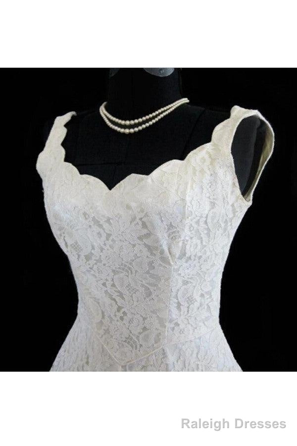 Simple A-Line Straps Jewel Knee-Length Lace Beach Wedding Dress