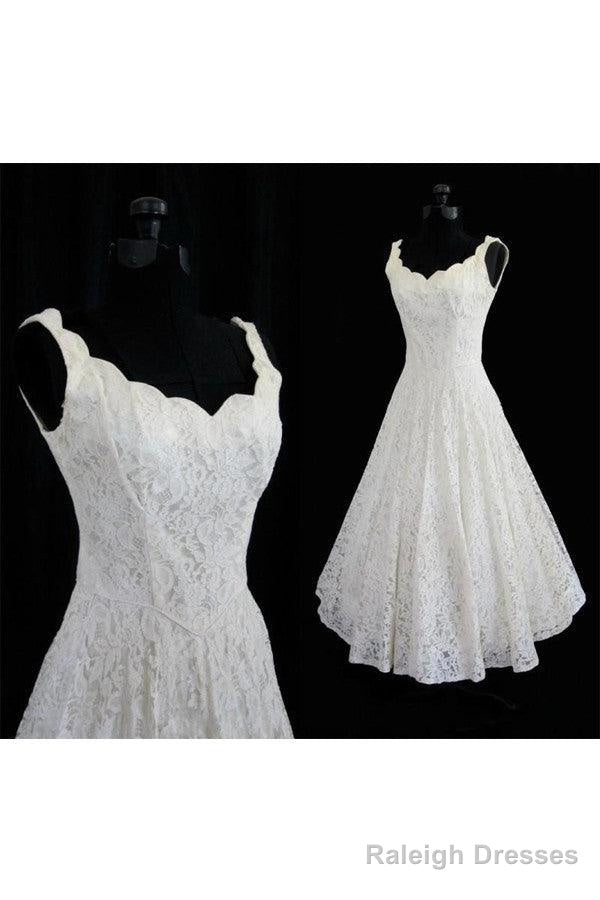 Simple A-Line Straps Jewel Knee-Length Lace Beach Wedding Dress