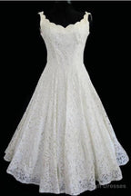 Simple A-Line Straps Jewel Knee-Length Lace Beach Wedding Dress
