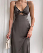 Simple A-Line Straps Long Slit Dark Blue Prom Dress