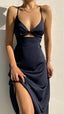 Simple A-Line Straps Long Slit Dark Blue Prom Dress