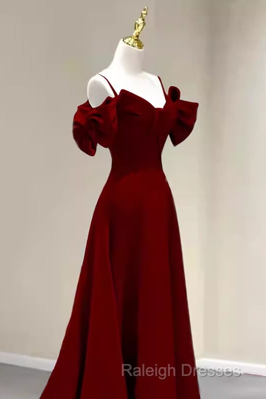 Simple A Line Straps Red Satin Long Prom Dresses