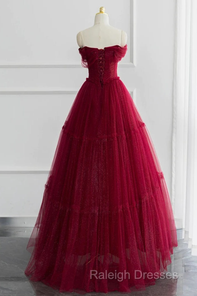 Simple A-Line Tulle Burgundy Long Prom Dress
