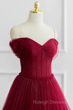 Simple A-Line Tulle Burgundy Long Prom Dress