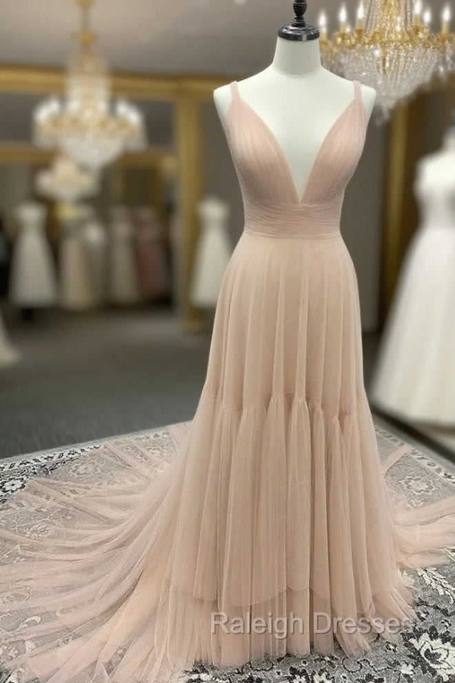 Simple A Line Tulle Champagne Long Prom Dress, Champagne Evening Dress Main image