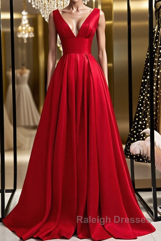 Simple A Line V Neck and V Back Red Satin Long Prom Dress, Cheap V Neck Red Formal Graduation Evening Dress