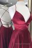 Simple A Line V Neck Backless Burgundy Long Prom Dress Backless Burgundy Prom Graduation Prom Dress